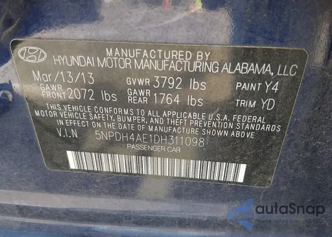 2013 Hyundai Elantra Gls z USA, uszkodzony, nr VIN 5NPDH4AE1DH311098